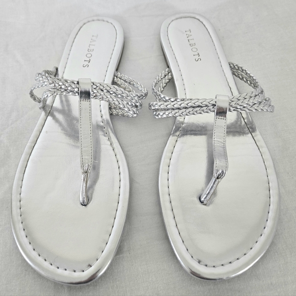 Talbots Shoes - Talbots Cece Metallic Silver Braided Sandals Faux Leather Straps, size 10M